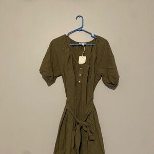 Green Puff Sleeve Tie Front Midi Sundress